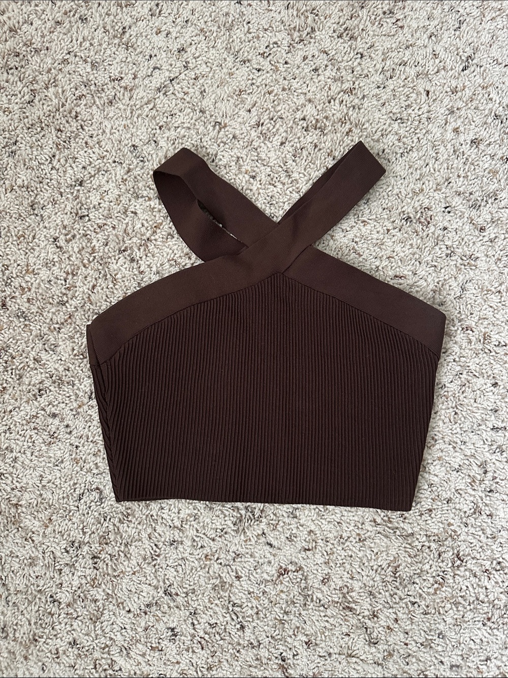 Babaton Dark Brown Ribbed Cross-Strap Crop Top